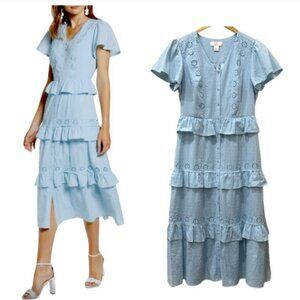 Rachel Parcell Blue Tiered Midi Dress Ruffle Swiss Dot Eyelet Embroidery